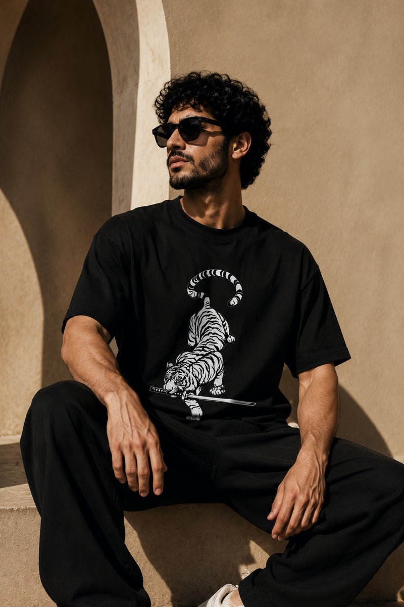 Men's Oversized Black T-Shirt with White Tiger Sword Graphic Casual Short Sleeve Crew Neck Streetwear Tee - Image 4
