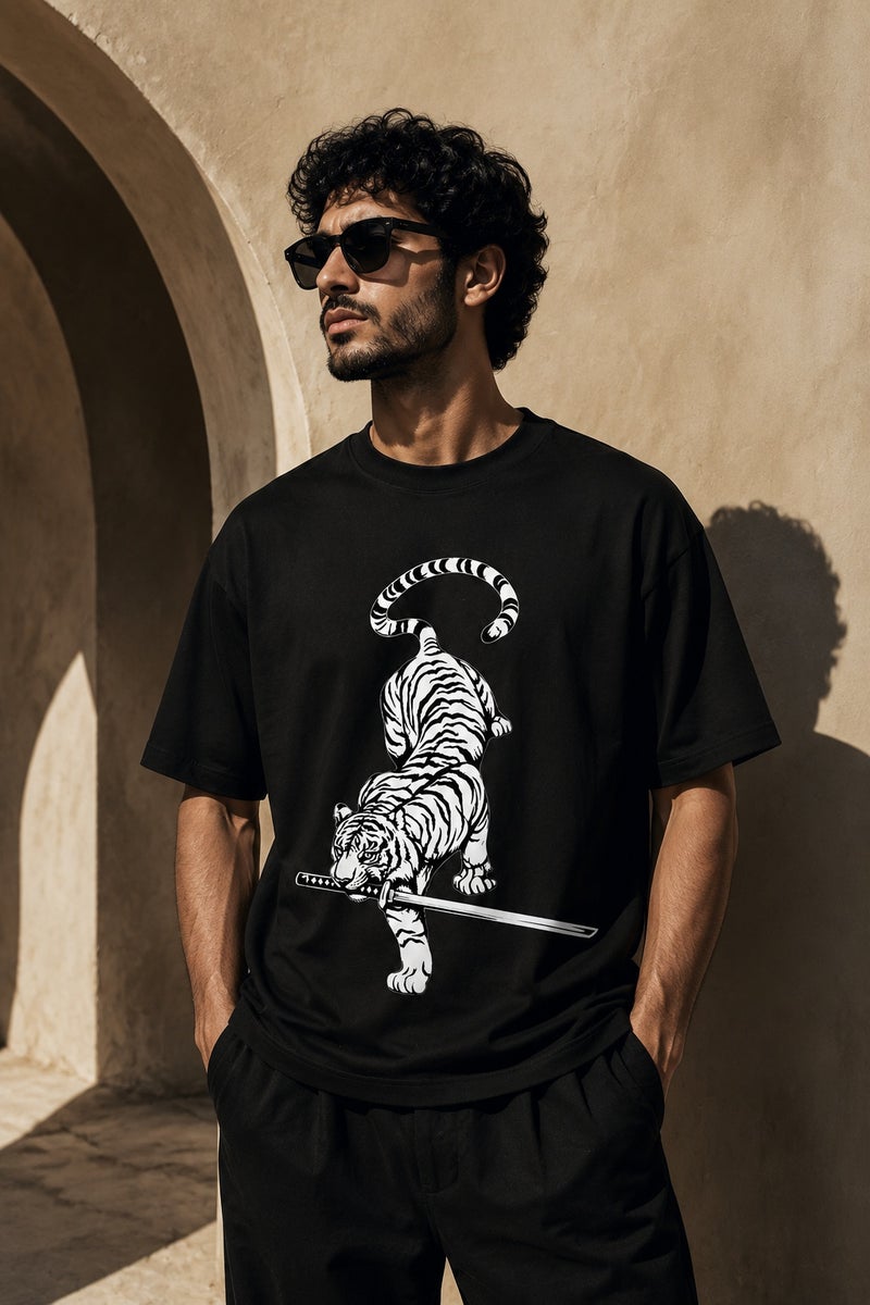 Men's Oversized Black T-Shirt with White Tiger Sword Graphic Casual Short Sleeve Crew Neck Streetwear Tee - Image 5