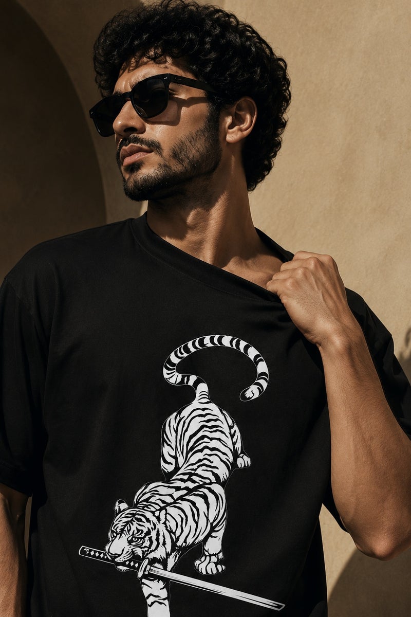 Men's Oversized Black T-Shirt with White Tiger Sword Graphic Casual Short Sleeve Crew Neck Streetwear Tee - Image 1