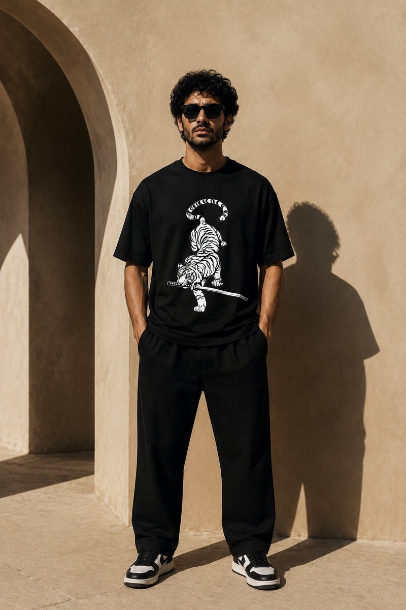 Men's Oversized Black T-Shirt with White Tiger Sword Graphic Casual Short Sleeve Crew Neck Streetwear Tee - Image 2