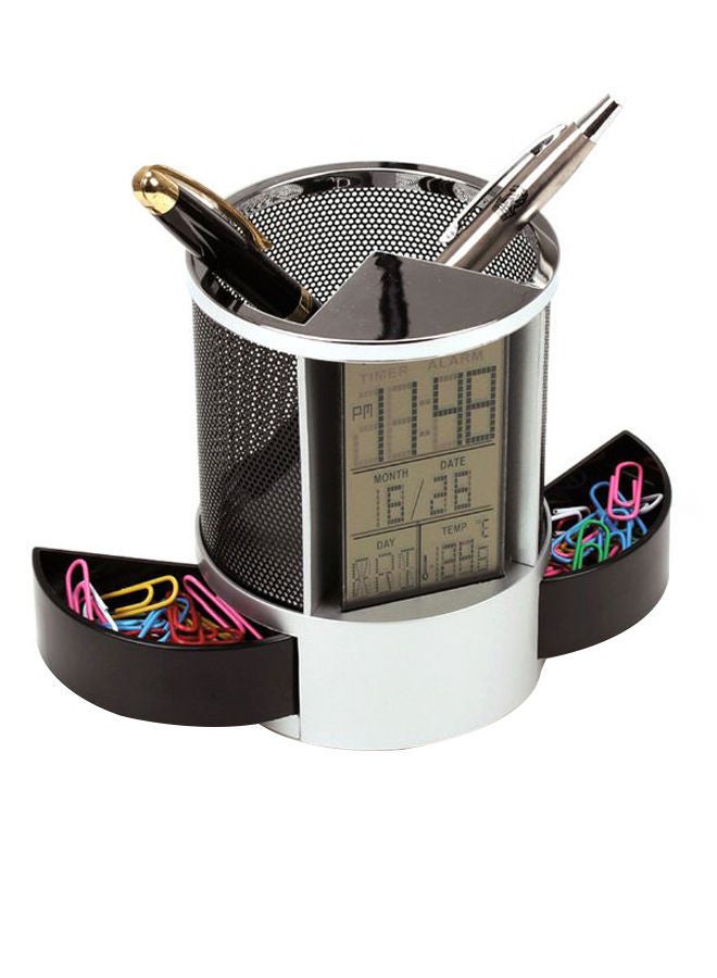 NIBEMINENT Digital LCD Desk Pen Holder Alarm Clock Black/White