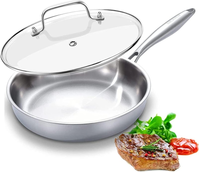 DELARLO Tri-Ply Stainless Steel Pan, 18/10 Frying Pan, Oven Safe Up to 600°F, Nontoxic Cookware, Compatible with All Cooktops Skillet, Durable, Fast Even Heat Fry Pan,12 inch Pan with Glass Lids - Image 1