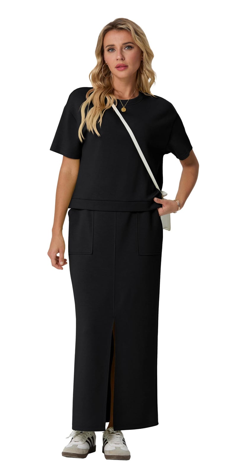 GRECERELLE Women's Summer 2 Piece Outfits Crew Neck Short Sleeve Top with Pocket Maxi Skirt Sets (Black, X-Large) - Image 3