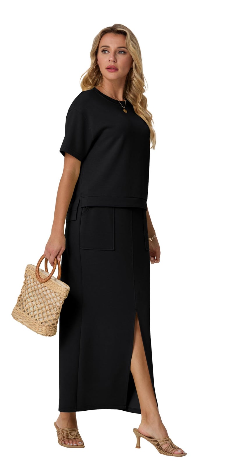 GRECERELLE Women's Summer 2 Piece Outfits Crew Neck Short Sleeve Top with Pocket Maxi Skirt Sets (Black, X-Large) - Image 2
