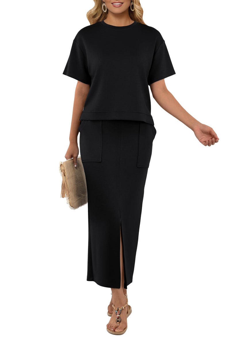 GRECERELLE Women's Summer 2 Piece Outfits Crew Neck Short Sleeve Top with Pocket Maxi Skirt Sets (Black, X-Large) - Image 4