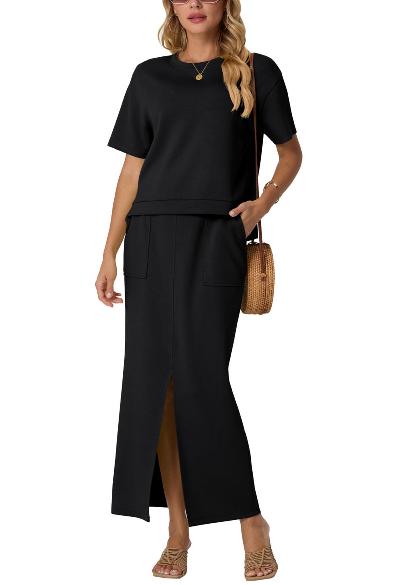 GRECERELLE Women's Summer 2 Piece Outfits Crew Neck Short Sleeve Top with Pocket Maxi Skirt Sets (Black, X-Large) - Image 1