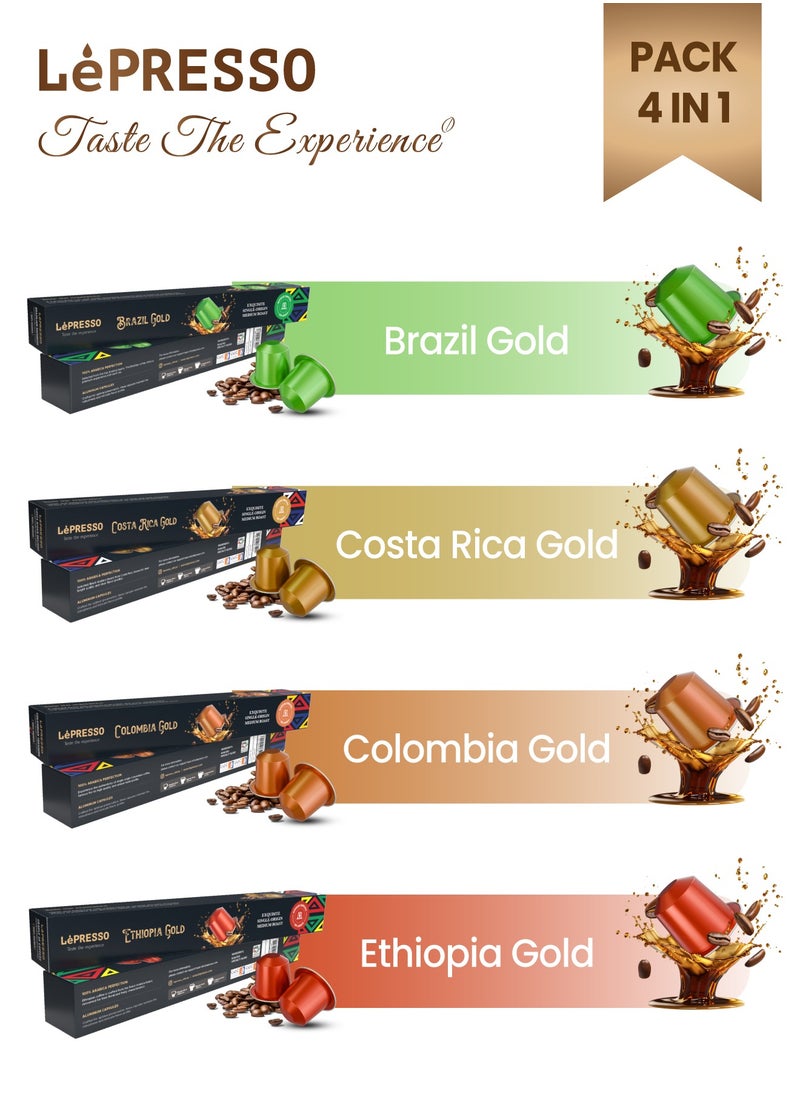 LePRESSO Aluminum Capsules for Nespresso Pack of 4 / Brazil Gold / Ethiopia Gold / Costa Rica Gold / Colombia Gold /10 Individual Capsules in Each Pack /40 Capsules in Total/ Medium Roast Coffee  - Image 1