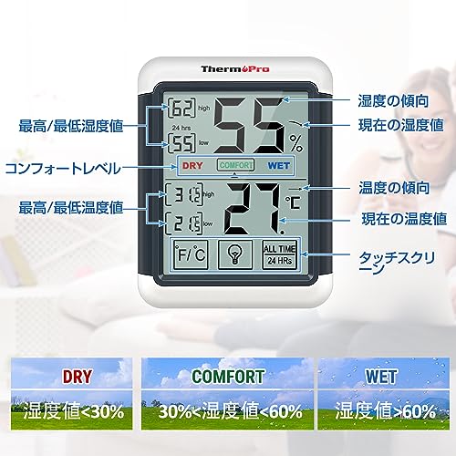 ThermoPro ThermoPro Hygrometer, Digital Thermometer, Hygrometer, Indoor, Large LCD Screen, Maximum Lowest Temperature and Humidity Display, Backlight Function, Touch Screen, Can be Used on Places, - Image 4
