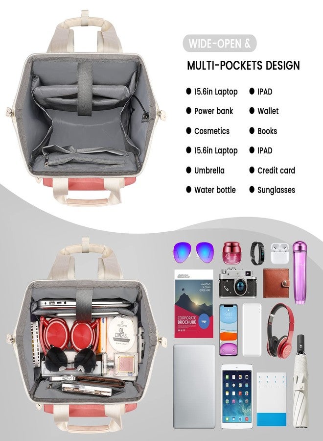 FALANKO Laptop Backpack ,Teacher Doctor Nurse Work Purse Bag 15.6 Inch Laptop, Wide Open Bookbag USB Charging Port RFID Pocket, Large Water Resistant Travel Backpack White-Pink, 15.6 Inch -Whitepink - Image 2