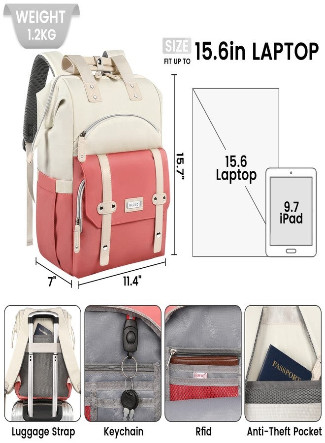 FALANKO Laptop Backpack ,Teacher Doctor Nurse Work Purse Bag 15.6 Inch Laptop, Wide Open Bookbag USB Charging Port RFID Pocket, Large Water Resistant Travel Backpack White-Pink, 15.6 Inch -Whitepink - Image 3