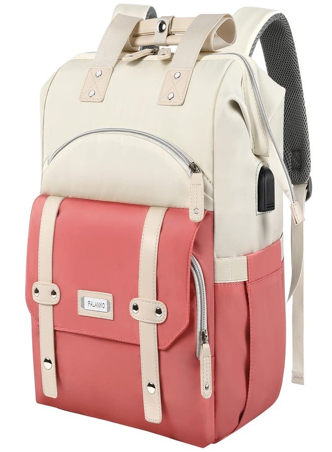 FALANKO Laptop Backpack ,Teacher Doctor Nurse Work Purse Bag 15.6 Inch Laptop, Wide Open Bookbag USB Charging Port RFID Pocket, Large Water Resistant Travel Backpack White-Pink, 15.6 Inch -Whitepink - Image 1