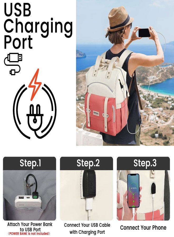 FALANKO Laptop Backpack ,Teacher Doctor Nurse Work Purse Bag 15.6 Inch Laptop, Wide Open Bookbag USB Charging Port RFID Pocket, Large Water Resistant Travel Backpack White-Pink, 15.6 Inch -Whitepink - Image 4