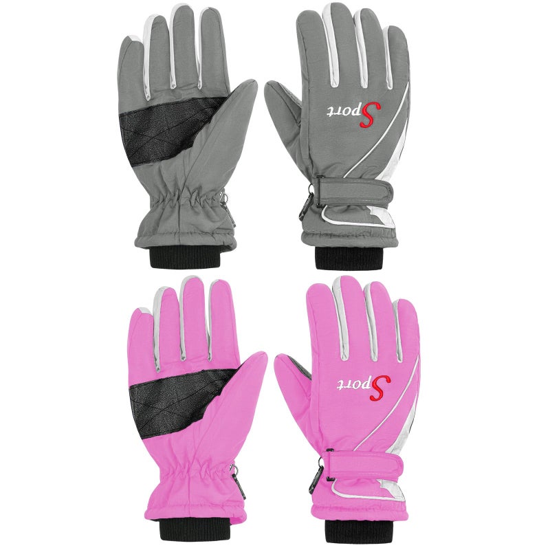 Jeere 2 Pairs Winter Ski Gloves Men Women Waterproof Snow Gloves Adjustable Snowboard Mittens with Zipper Strap Hook Pocket(Grey,Pink) - Image 1
