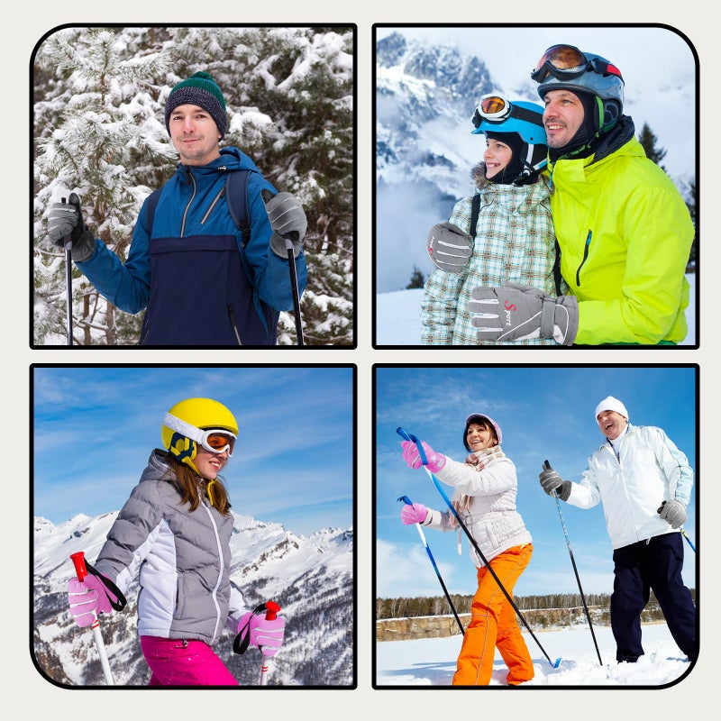 Jeere 2 Pairs Winter Ski Gloves Men Women Waterproof Snow Gloves Adjustable Snowboard Mittens with Zipper Strap Hook Pocket(Grey,Pink) - Image 5