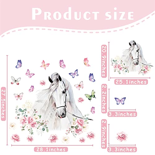 HATARU White Horses Wall Decals Farm Animal Decals Peel and Stick Wild Horse Wall Decor Butterfly Flowers Wall Stickers Horses Vinyl Art Mural for Living Room Kids Bedroom Nursery Farmhouse Office Decor Gift - Image 3