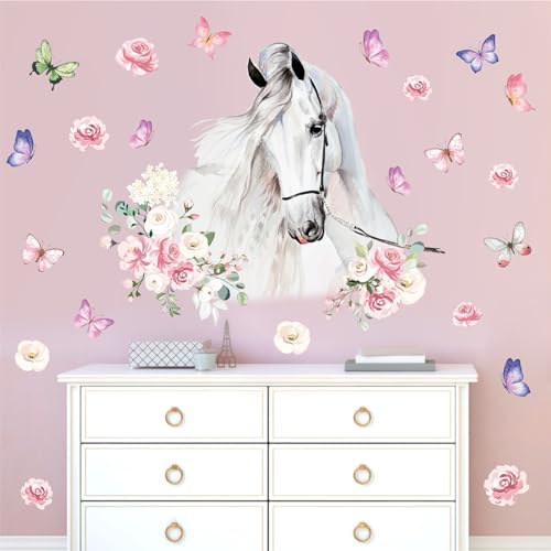 HATARU White Horses Wall Decals Farm Animal Decals Peel and Stick Wild Horse Wall Decor Butterfly Flowers Wall Stickers Horses Vinyl Art Mural for Living Room Kids Bedroom Nursery Farmhouse Office Decor Gift - Image 1