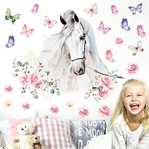 HATARU White Horses Wall Decals Farm Animal Decals Peel and Stick Wild Horse Wall Decor Butterfly Flowers Wall Stickers Horses Vinyl Art Mural for Living Room Kids Bedroom Nursery Farmhouse Office Decor Gift - Image 5
