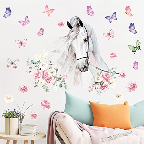 HATARU White Horses Wall Decals Farm Animal Decals Peel and Stick Wild Horse Wall Decor Butterfly Flowers Wall Stickers Horses Vinyl Art Mural for Living Room Kids Bedroom Nursery Farmhouse Office Decor Gift - Image 2