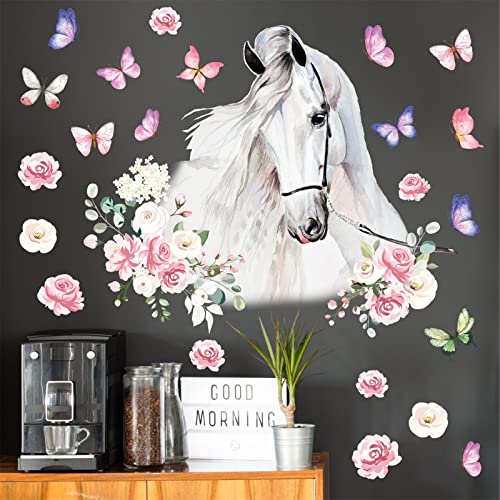 HATARU White Horses Wall Decals Farm Animal Decals Peel and Stick Wild Horse Wall Decor Butterfly Flowers Wall Stickers Horses Vinyl Art Mural for Living Room Kids Bedroom Nursery Farmhouse Office Decor Gift - Image 4