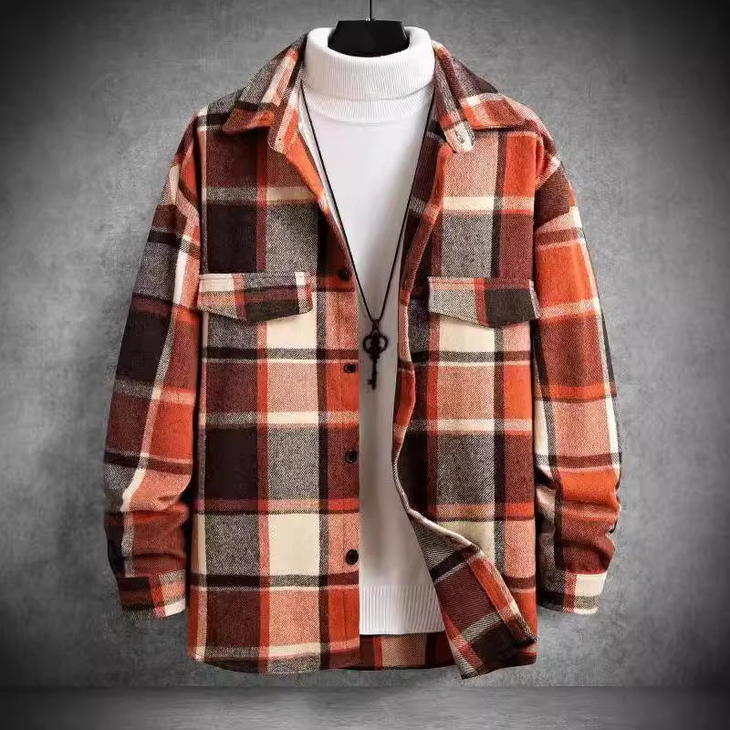 Men's Color Block Flannel Shirt, Long Sleeve, Lapel, Relaxed Fit - Image 3