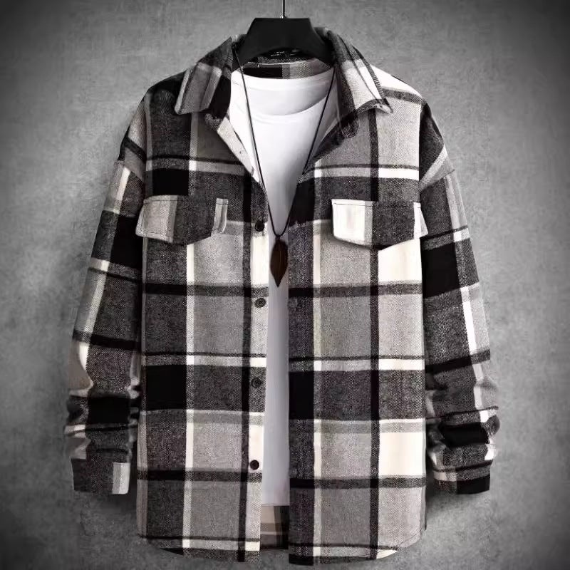 Men's Color Block Flannel Shirt, Long Sleeve, Lapel, Relaxed Fit - Image 4