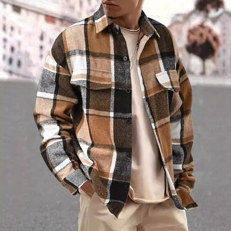 Men's Color Block Flannel Shirt, Long Sleeve, Lapel, Relaxed Fit - Image 1