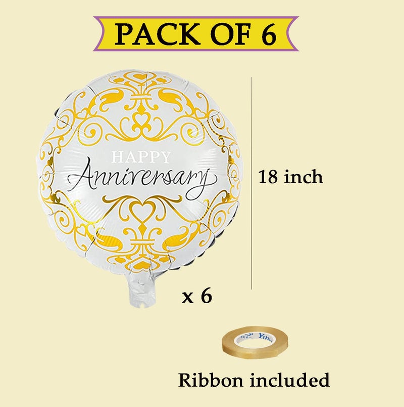 AMFIN® (Pack of 6) Happy Anniversary Round Foil Balloons for Wedding, Anniversary, Party Decoration/Anniversary Decorations Items Combo for Home Balloon - White & Golden - Image 2