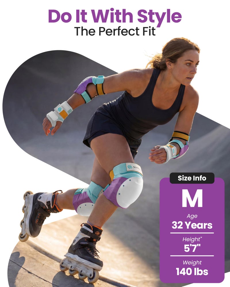 SKATEWIZ Knee and Elbow Pads Adult - Skating Protective Gear Adult - Shield - Size M/L Lavender Blue - Skateboard Pads with Wrist Guards for Inline Skates, Roller Skate - Ice Skates for Women - Image 4