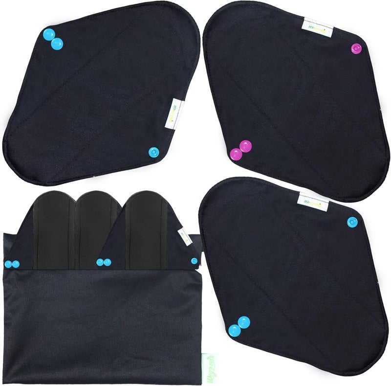 Wegreeco wegreeco Charcoal Reusable Menstrual Pads - Reusable Sanitary Pads | Reusable Panty Liners | Soft Cloth Menstrual Pads - 6 Pack with 1 Cloth Mini Wet Bag (Medium, Black)