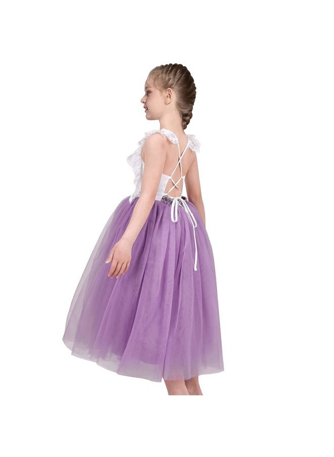Sunny Fashion - Girls Dress Purple Lace Tulle Sleeveless Hollow Back Party Pageant Size 6 - Image 1