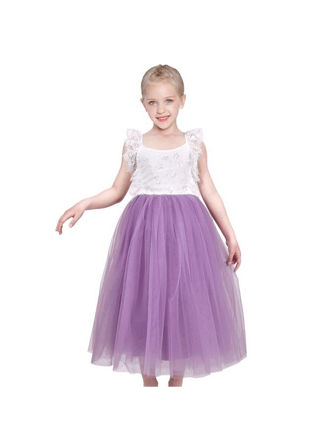 Sunny Fashion - Girls Dress Purple Lace Tulle Sleeveless Hollow Back Party Pageant Size 6 - Image 1