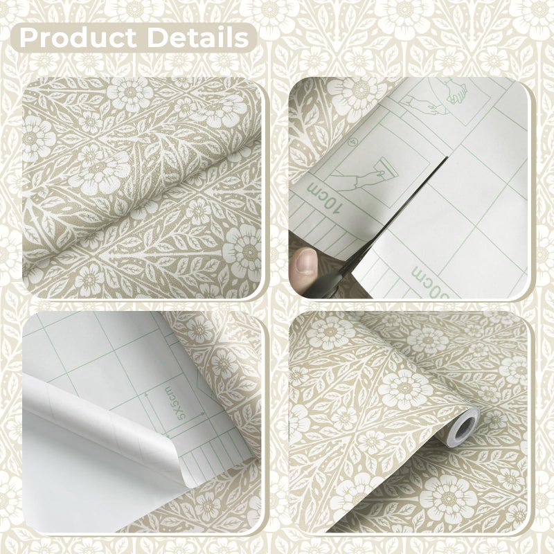 LUKUUI Floral Wallpaper Peel and Stick Vintage Boho Cream Damask Wallpaper Textured Removable Self Adhesive Vinyl Wall Paper for Bedroom Bathroom Cabinets 17.3" x 78.7" - Image 2