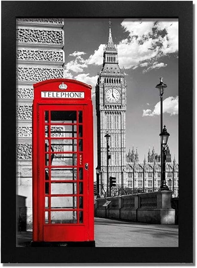 LONDON RED PHONE BOOTH B&W - BLACK - Wooden Frame with Glass - Printed Poster Tableau wall art BZL-130-24322-BK