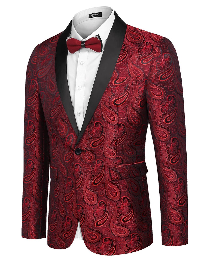 COOFANDY Mens Floral Tuxedo Jacket Paisley Shawl Lapel Suit Blazer Jacket for Dinner,Prom,Wedding Red - Image 2