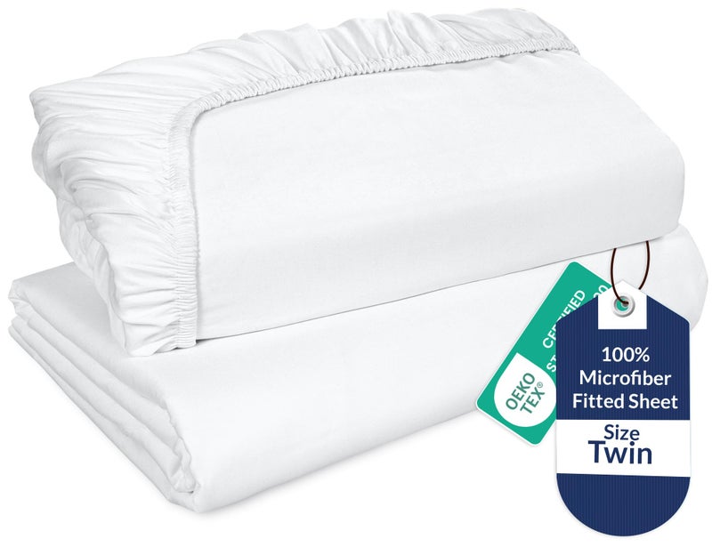 Royale Linens 2 Pack Fitted Sheet - Elastic Sheets - Twin Fitted Sheet Only - Soft & Breathable - Brushed 1800 Microfiber - Stain Resistant- Hotel Quality Deep Pocket Stretches Up to 16" (Twin, White) - Image 1