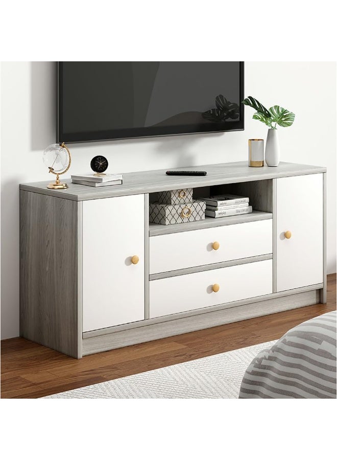 Simple TV Cabinet, 55 Inch TV Stand with Drawers Doors & Open Shelf, Wooden TV Console Table, Modern TV Table Unit with Storage for Living Room, Bedroom Grey with White (DSG017-140) - Image 1