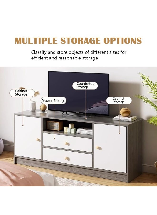 Simple TV Cabinet, 55 Inch TV Stand with Drawers Doors & Open Shelf, Wooden TV Console Table, Modern TV Table Unit with Storage for Living Room, Bedroom Grey with White (DSG017-140) - Image 2