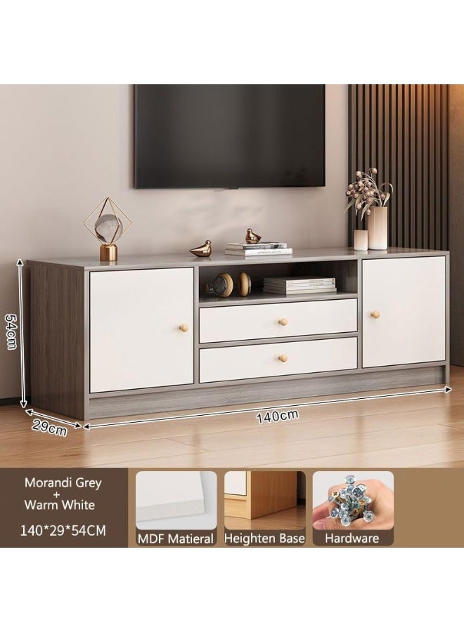 Simple TV Cabinet, 55 Inch TV Stand with Drawers Doors & Open Shelf, Wooden TV Console Table, Modern TV Table Unit with Storage for Living Room, Bedroom Grey with White (DSG017-140) - Image 3