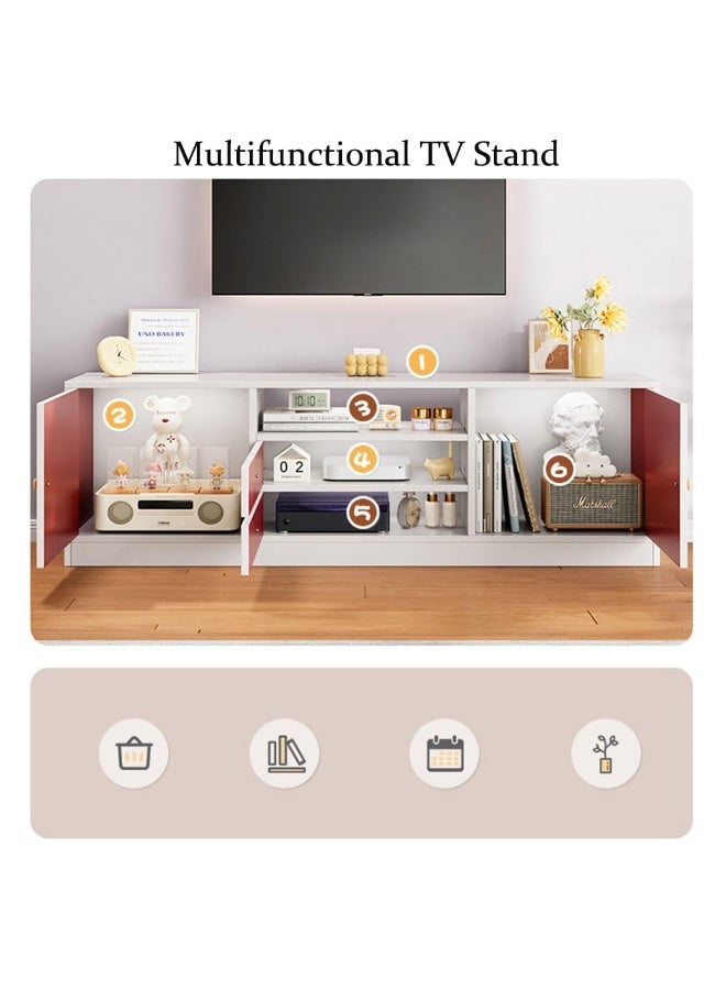 Simple TV Cabinet, 55 Inch TV Stand with Drawers Doors & Open Shelf, Wooden TV Console Table, Modern TV Table Unit with Storage for Living Room, Bedroom Grey with White (DSG017-140) - Image 4