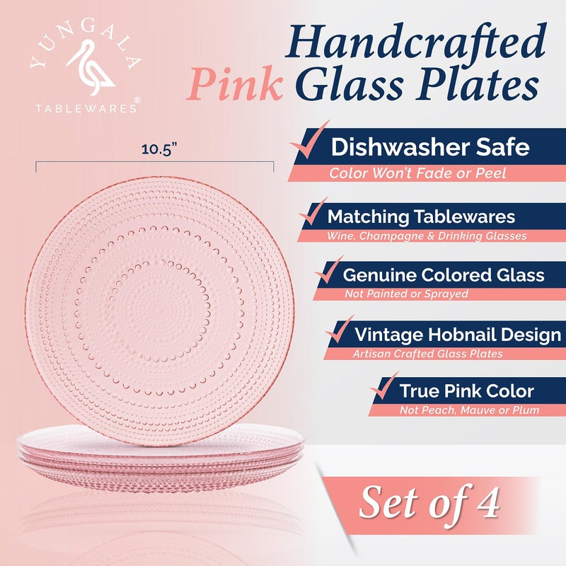 Yungala Pink Hobnail Plates, Set of 4 Glass Vintage 10.5â€ Dinner Plates that are Dishwasher Safe - Image 3