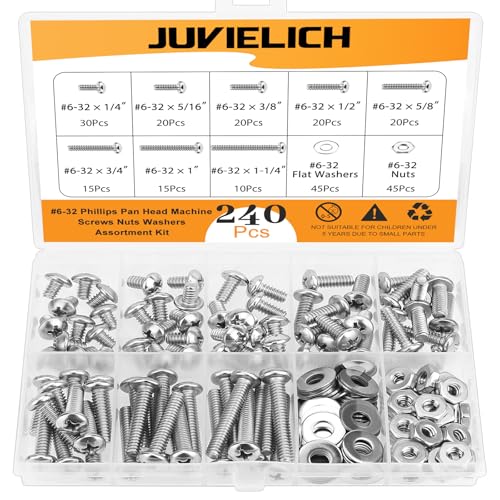 Juvielich 240 Pieces #6-32x 1/4", 5/16", 3/8", 1/2", 5/8", 3/4", 1", 1-1/4",Phillips Pan Head Machine Screws Nuts Washers Assortment Kit, 304 Stainless Steel, Fully Thread for Wall Plate Switch/Outlets - Image 1