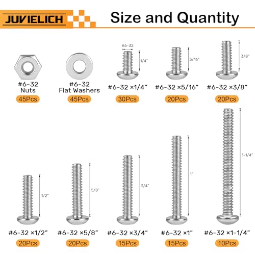 Juvielich 240 Pieces #6-32x 1/4", 5/16", 3/8", 1/2", 5/8", 3/4", 1", 1-1/4",Phillips Pan Head Machine Screws Nuts Washers Assortment Kit, 304 Stainless Steel, Fully Thread for Wall Plate Switch/Outlets - Image 3