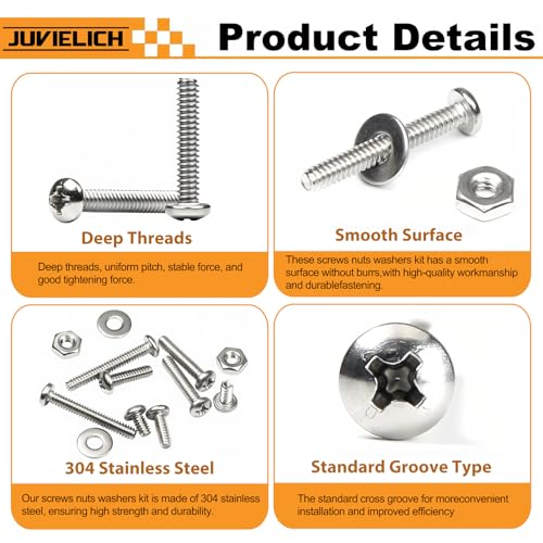 Juvielich 240 Pieces #6-32x 1/4", 5/16", 3/8", 1/2", 5/8", 3/4", 1", 1-1/4",Phillips Pan Head Machine Screws Nuts Washers Assortment Kit, 304 Stainless Steel, Fully Thread for Wall Plate Switch/Outlets - Image 4