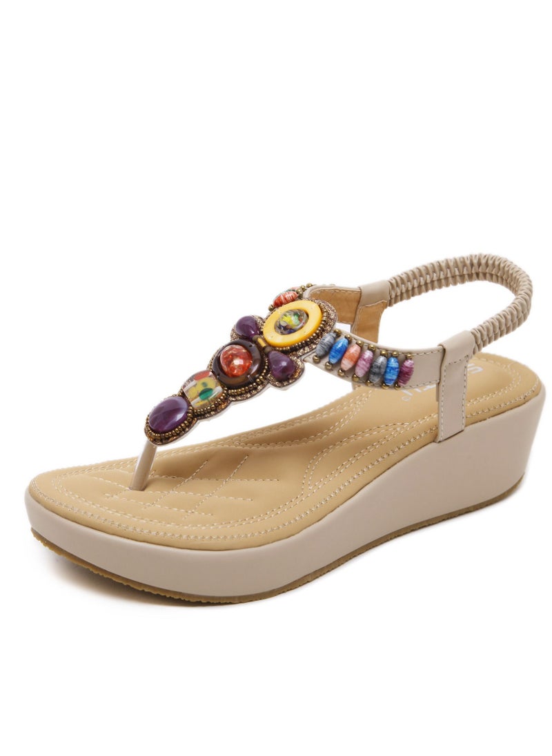 Loquat - National Style Beach boho Retro Beaded Wedges Sandals Brown - Image 1