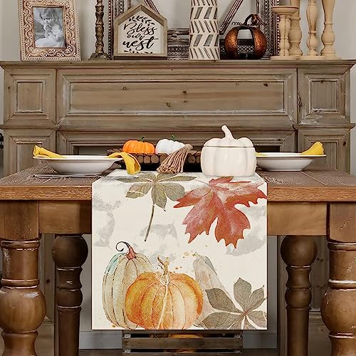 GAGEC Fall Table Runner Pumpkin Maple Leaf Watercolor Vintage Table Runners Seasonal Autumn Thanksgiving Harvest Home Kitchen Dining Party Decorations 13x72 Inch - Image 2