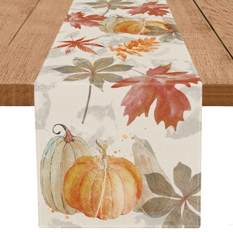 GAGEC Fall Table Runner Pumpkin Maple Leaf Watercolor Vintage Table Runners Seasonal Autumn Thanksgiving Harvest Home Kitchen Dining Party Decorations 13x72 Inch - Image 1