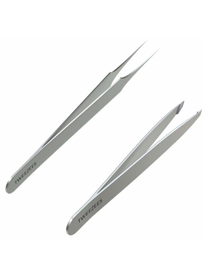 Tweezees Precision Stainless Steel Tweezers | Professional Slant Tip & Splinter Tip Tweezer | Extra Sharp Hair Removal Tool | For Eyebrow Shaping - Image 1