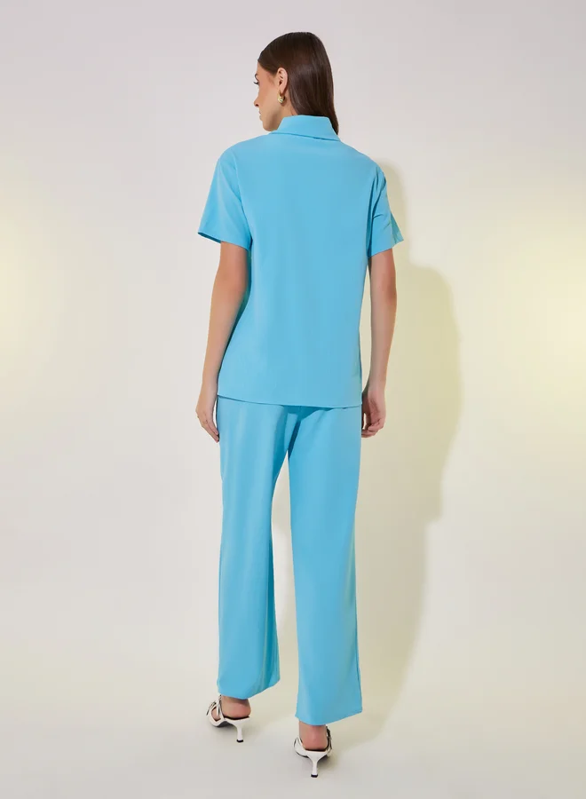 تايك تو Embroidered Detail Short Sleeve Shirt and Pants Co-Ords