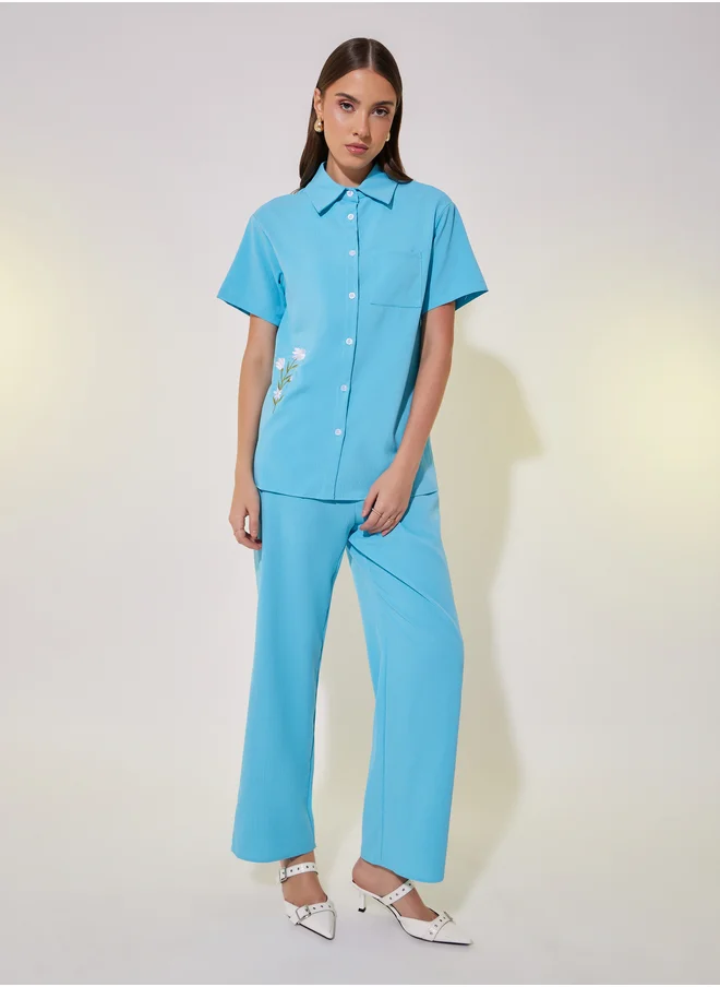 Styli Embroidered Detail Short Sleeve Shirt and Pants Co-Ords