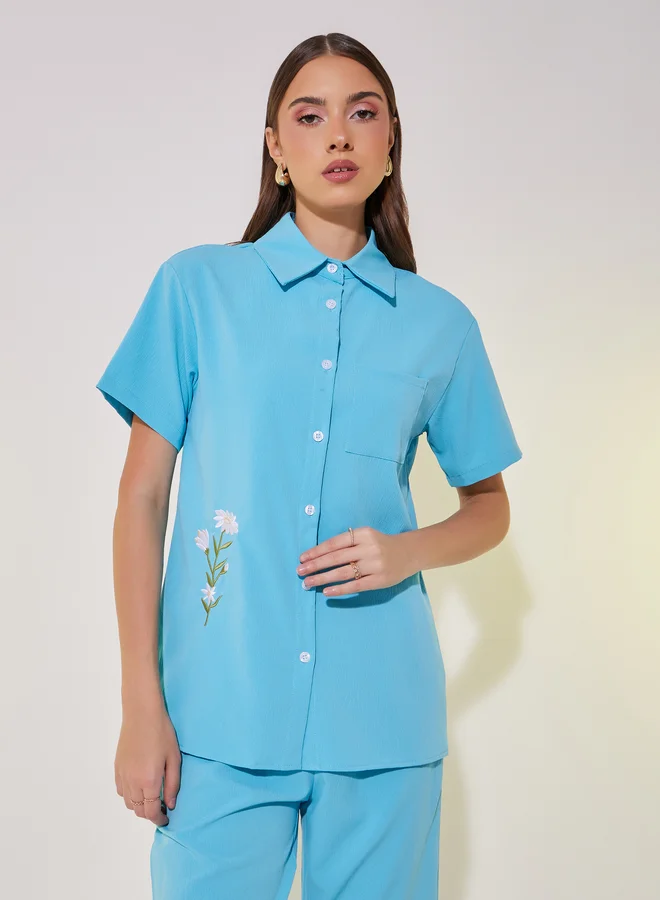 تايك تو Embroidered Detail Short Sleeve Shirt and Pants Co-Ords